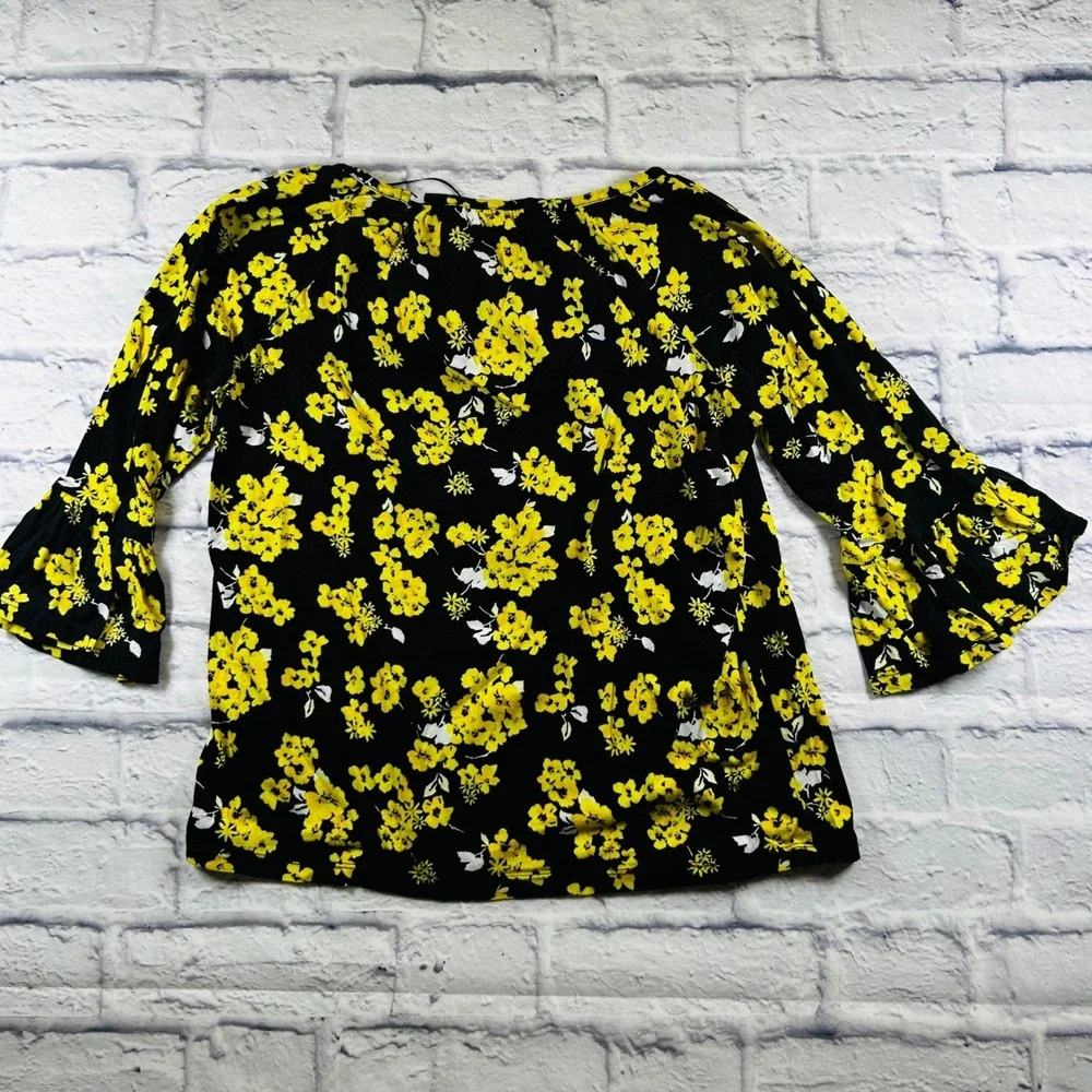 Michael Kors Womens Black Yellow Floral Bell Sleeve Blouse Shirt Small
